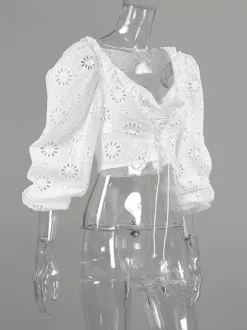 Blouse blanche à lacets pour femme col en V manches courtes en coton chic