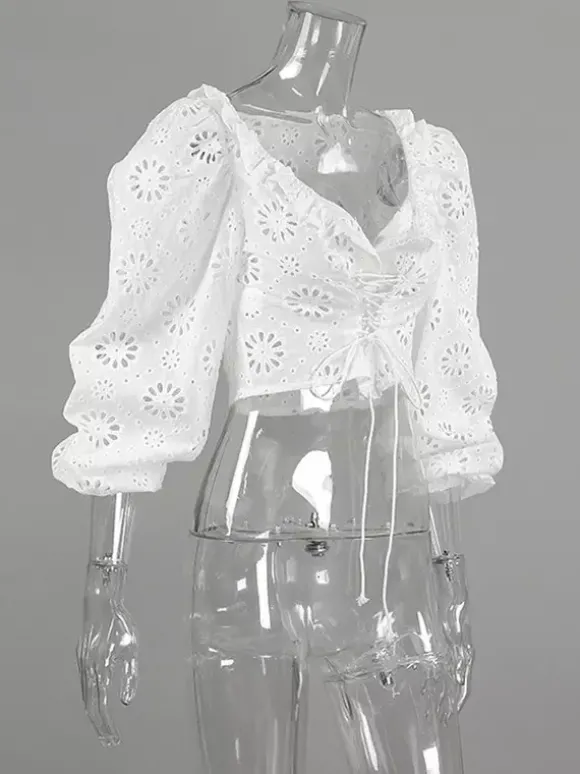 Blouse blanche à lacets pour femme col en V manches courtes en coton chic