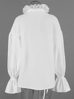 Blouse 100 % coton pour femme style bohème chic - Col à volants blanc manches lanternes col en V - Vacances à la plage 2026