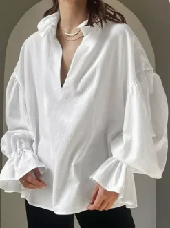 Blouse 100 % coton pour femme style bohème chic - Col à volants blanc manches lanternes col en V - Vacances à la plage 2026