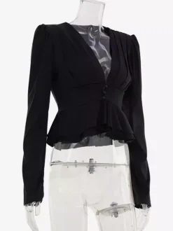 Blouse courte en satin à décolleté en V profond épaules bouffantes et ourlet à volants manches longues coupe ajustée
