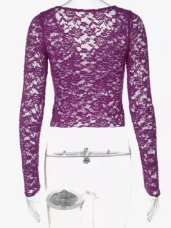 Blouse courte violette et noire en dentelle extensible transparente à manches longues et col en V découpée