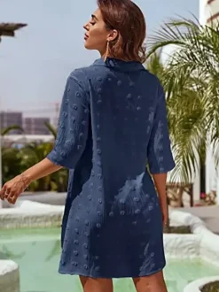 Blouse pour femme bleu foncé à col rabattu manches courtes décontractées en mousseline.