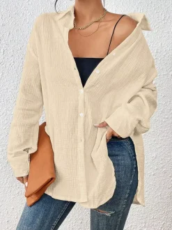 Blouse pour femme couleur abricot boutons col rabattu manches longues chics top en coton