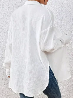 Blouse pour femme couleur abricot boutons col rabattu manches longues chics top en coton