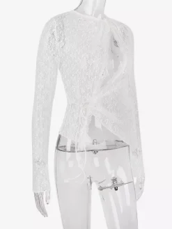 Blouse pour femme en dentelle blanche à col bijou manches longues et découpes sexy
