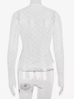 Blouse pour femme en dentelle blanche à col bijou manches longues et découpes sexy