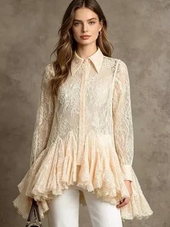 Blouse pour femme en dentelle abricot à volants et col rabattu élégante manches longues.