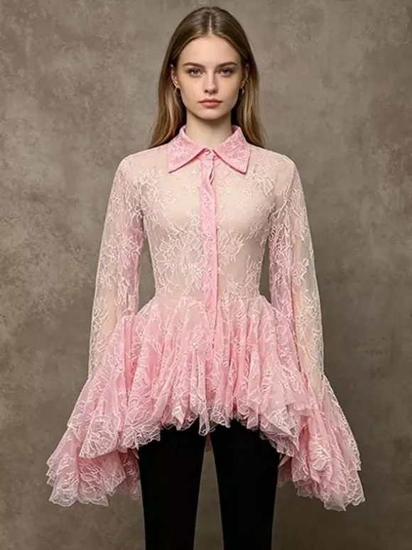 Blouse pour femme en dentelle abricot à volants et col rabattu élégante manches longues.