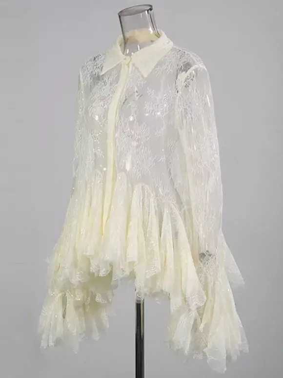 Blouse pour femme en dentelle abricot à volants et col rabattu élégante manches longues.