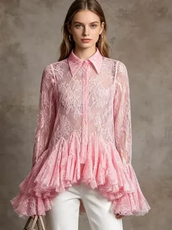 Blouse pour femme en dentelle abricot à volants et col rabattu élégante manches longues.