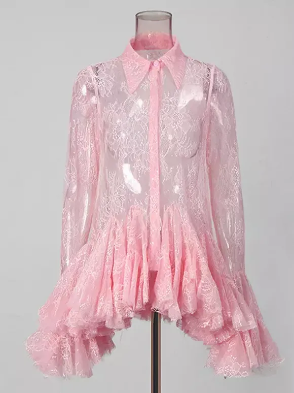 Blouse pour femme en dentelle abricot à volants et col rabattu élégante manches longues.