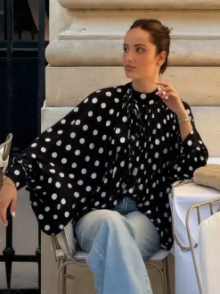Blouse pour femme marron café à pois plissée à lacets dos nu manches longues style chic