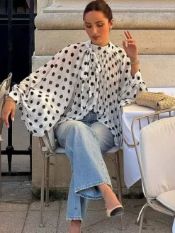 Blouse pour femme marron café à pois plissée à lacets dos nu manches longues style chic