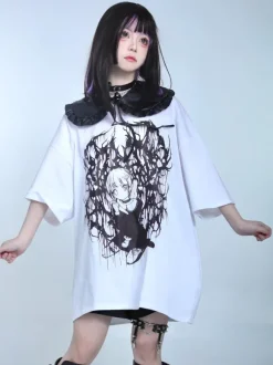 Blouses Lolita Steampunk Volants Haut Lolita Manches Courtes Imprimé Floral Chemise Lolita Noire