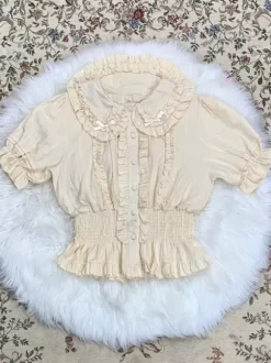 Blouses Sweet Lolita Haut Lolita Blanc Écru Manches Courtes Chemise Lolita À Volants Plissés