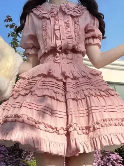 Blouses Sweet Lolita Haut Lolita Blanc Écru Manches Courtes Chemise Lolita À Volants Plissés