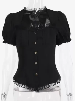 Blouses gothiques lolita haut lolita noir manches courtes chemise lolita à volants en dentelle