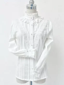 Blouses gothiques lolita haut lolita volants manches longues chemisier rayures chemise lolita blanche