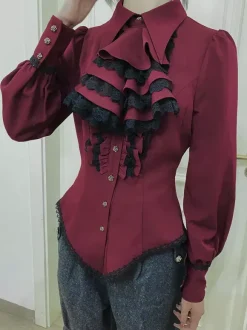 Blouses Lolita Steampunk Volants Dentelle Haut Lolita Manches Longues Blouse Chemise Lolita Bleue