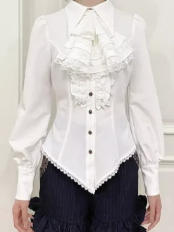 Blouses Lolita Steampunk Volants Dentelle Haut Lolita Manches Longues Blouse Chemise Lolita Bleue