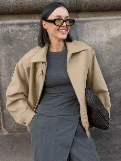 Blouson aviateur femme à épaules tombantes - Harrington minimaliste zippé avec patte de col - Tenues décontractées printemps 2026