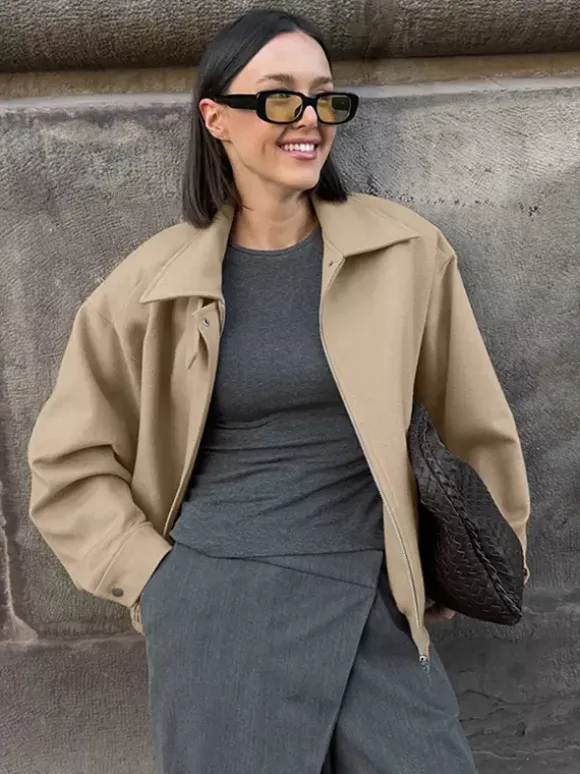 Blouson aviateur femme à épaules tombantes - Harrington minimaliste zippé avec patte de col - Tenues décontractées printemps 2026