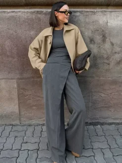 Blouson aviateur femme à épaules tombantes - Harrington minimaliste zippé avec patte de col - Tenues décontractées printemps 2026