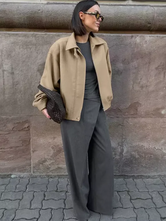 Blouson aviateur femme à épaules tombantes - Harrington minimaliste zippé avec patte de col - Tenues décontractées printemps 2026