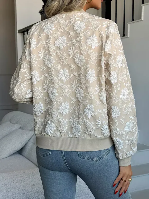 Blouson bomber femme en jacquard floral - Élégante veste zippée à motif floral 3D en relief et coupe ajustée - Streetwear chic printemps 2026