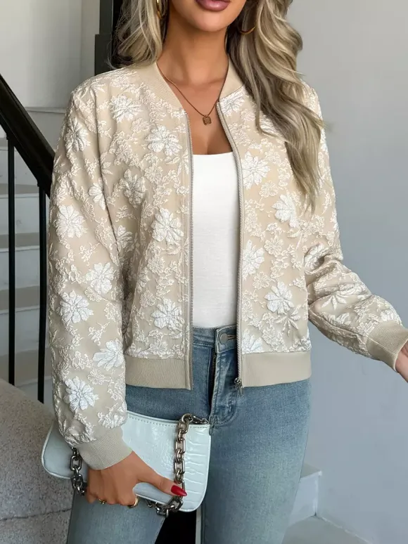 Blouson bomber femme en jacquard floral - Élégante veste zippée à motif floral 3D en relief et coupe ajustée - Streetwear chic printemps 2026