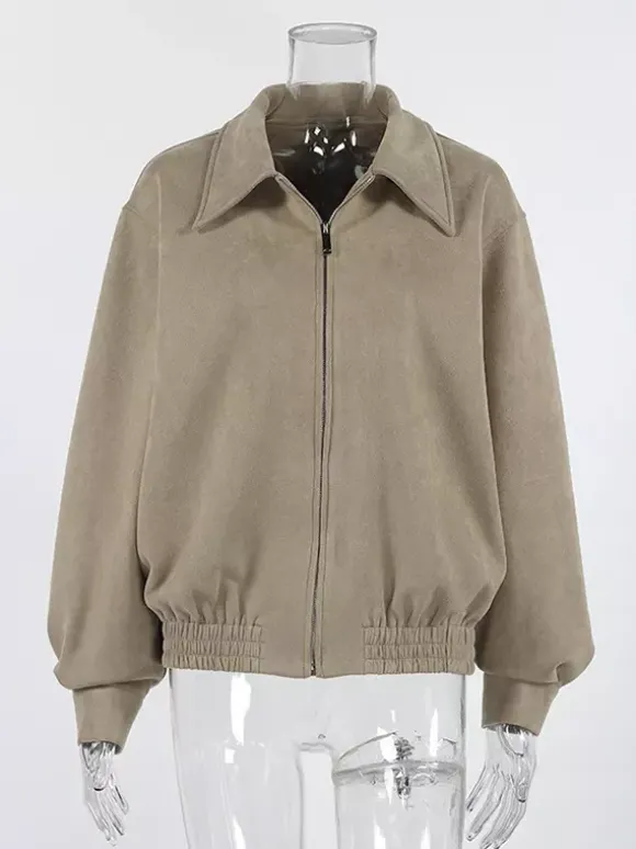 Blouson bomber femme en suédine synthétique - Fermeture éclair rétro ourlet élastique coupe décontractée - Collection printemps 2026