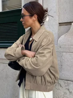 Blouson bomber femme en suédine synthétique - Fermeture éclair rétro ourlet élastique coupe décontractée - Collection printemps 2026