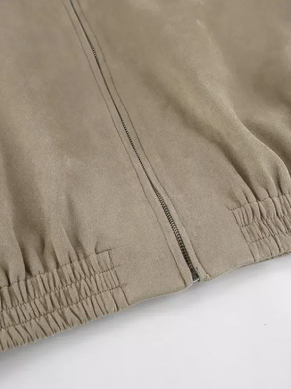 Blouson bomber femme en suédine synthétique - Fermeture éclair rétro ourlet élastique coupe décontractée - Collection printemps 2026