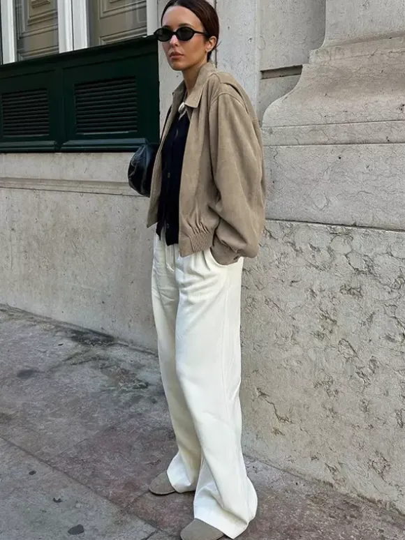 Blouson bomber femme en suédine synthétique - Fermeture éclair rétro ourlet élastique coupe décontractée - Collection printemps 2026