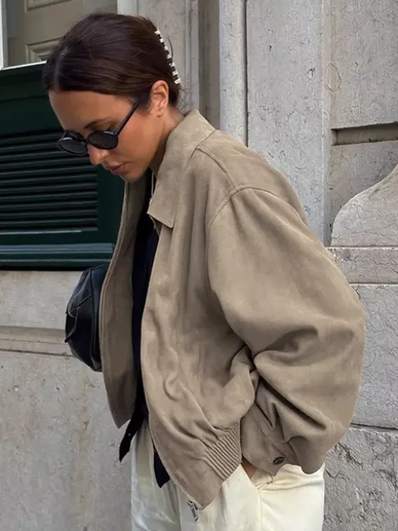 Blouson bomber femme en suédine synthétique - Fermeture éclair rétro ourlet élastique coupe décontractée - Collection printemps 2026