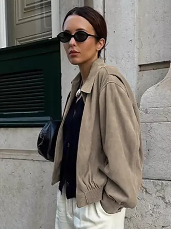 Blouson bomber femme en suédine synthétique - Fermeture éclair rétro ourlet élastique coupe décontractée - Collection printemps 2026