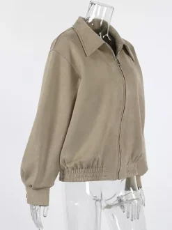 Blouson bomber femme en suédine synthétique - Fermeture éclair rétro ourlet élastique coupe décontractée - Collection printemps 2026