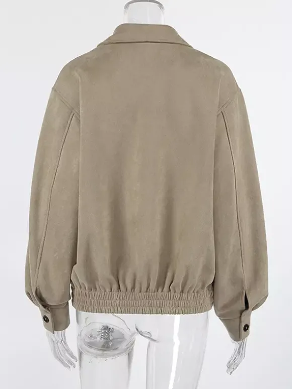 Blouson bomber femme en suédine synthétique - Fermeture éclair rétro ourlet élastique coupe décontractée - Collection printemps 2026