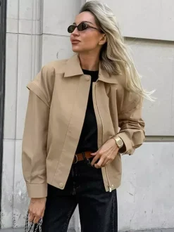 Blouson bomber léger kaki pour femme - Vêtement d'extérieur minimaliste à col zippé - Style streetwear décontracté chic et discret pour le printemps 2026