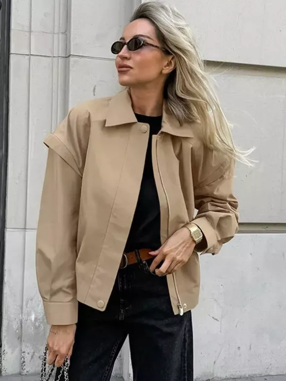 Blouson bomber léger kaki pour femme - Vêtement d'extérieur minimaliste à col zippé - Style streetwear décontracté chic et discret pour le printemps 2026