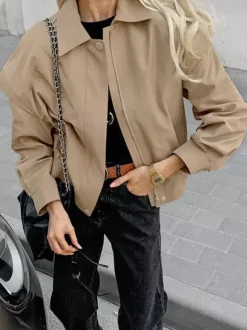 Blouson bomber léger kaki pour femme - Vêtement d'extérieur minimaliste à col zippé - Style streetwear décontracté chic et discret pour le printemps 2026