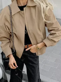 Blouson bomber léger kaki pour femme - Vêtement d'extérieur minimaliste à col zippé - Style streetwear décontracté chic et discret pour le printemps 2026