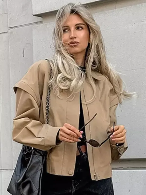 Blouson bomber léger kaki pour femme - Vêtement d'extérieur minimaliste à col zippé - Style streetwear décontracté chic et discret pour le printemps 2026