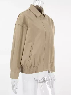 Blouson bomber léger kaki pour femme - Vêtement d'extérieur minimaliste à col zippé - Style streetwear décontracté chic et discret pour le printemps 2026