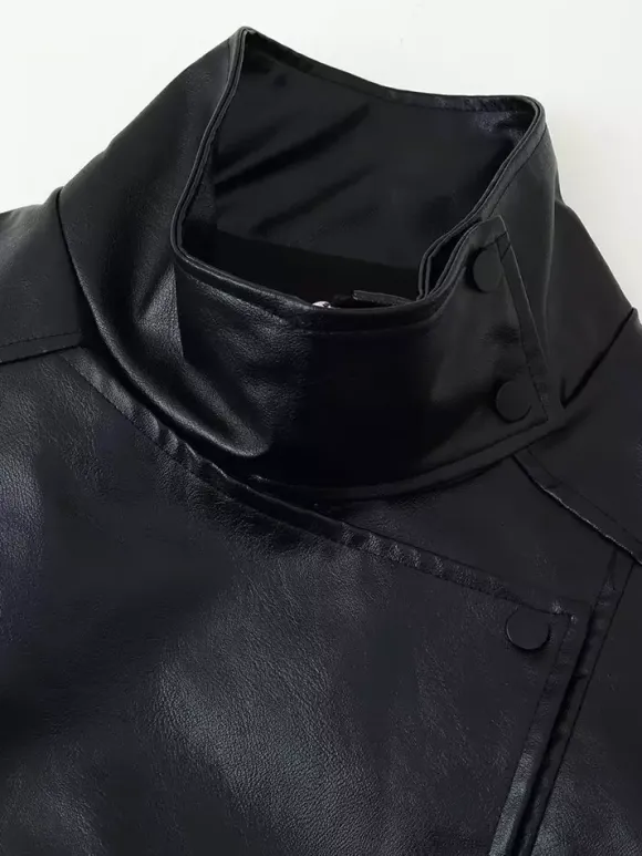 Blouson bomber oversize en similicuir pour femme - Manteau motard rétro noir à col montant et coupe ample - Style streetwear chic printemps 2026