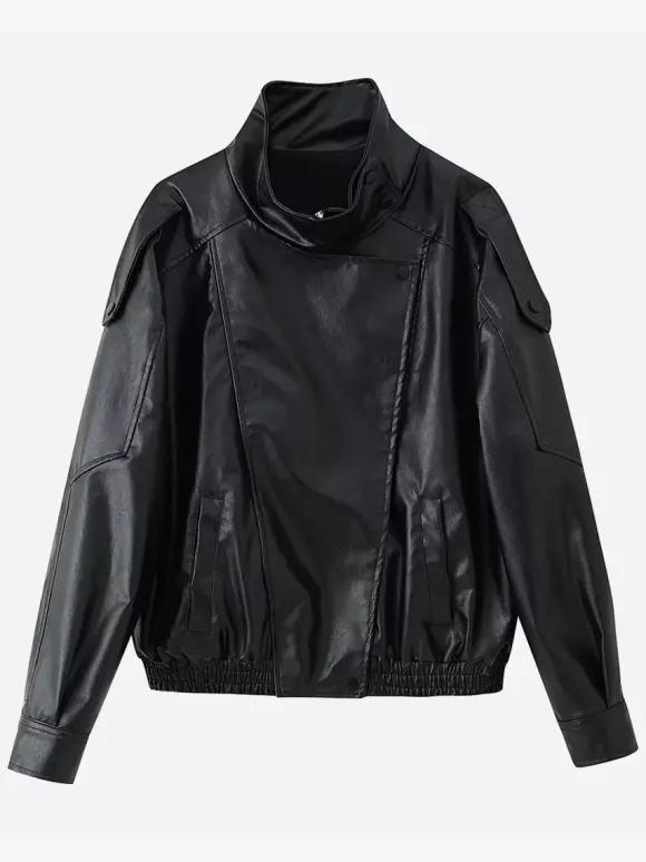Blouson bomber oversize en similicuir pour femme - Manteau motard rétro noir à col montant et coupe ample - Style streetwear chic printemps 2026