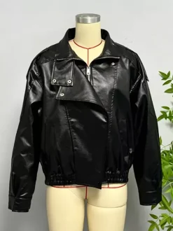 Blouson bomber oversize en similicuir pour femme - Manteau motard rétro noir à col montant et coupe ample - Style streetwear chic printemps 2026