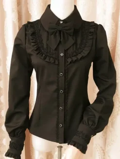 Blouson Sweet Lolita Robe rouge à manches longues Collier Bow Ruffled Winter Lolita Shirt Déguisements Halloween