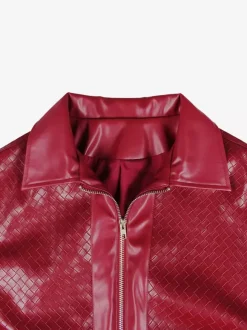 Blouson bomber en similicuir à motif tissé pour femme - Veste courte zippée texturée - Style motard streetwear printemps 2026